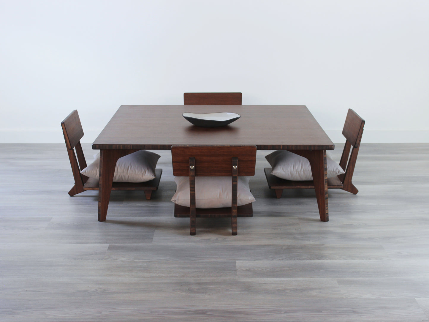 Custom Large floor table set with floor chairs in bamboo with a Walnut color finish, featuring a mid-century modern design, ideal for contemporary living rooms Canada made