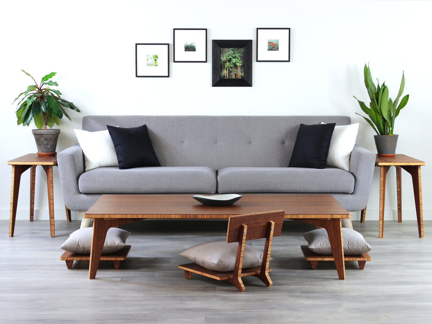 Large Rectangle Table Set - Chestnut. Set on a grey floor, against a white background. Two Floor Chair Posture and one Floor Chair Comfort set underneath. A black pottery vessels on table top.
low table, coffee table, dining table, floor desk, floor chair, floor seating, low dining table, chabudai, tatami, kotatsu, minimalist, minimalist table,
modern, japanese low table, japanese table, kotatsu, large coffee table,
large dining table
