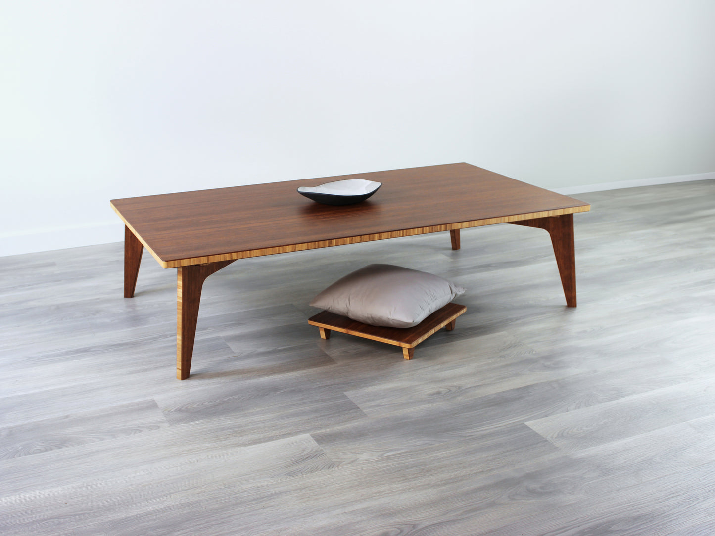 Large Rectangle Table Set - Chestnut. Set on a grey floor, against a white background. Floor Chair Posture set underneath. A black pottery vessels on table top.
low table, coffee table, dining table, floor desk, floor chair, floor seating, low dining table, chabudai, tatami, kotatsu, minimalist, minimalist table,
modern, japanese low table, japanese table, kotatsu, large coffee table,
large dining table