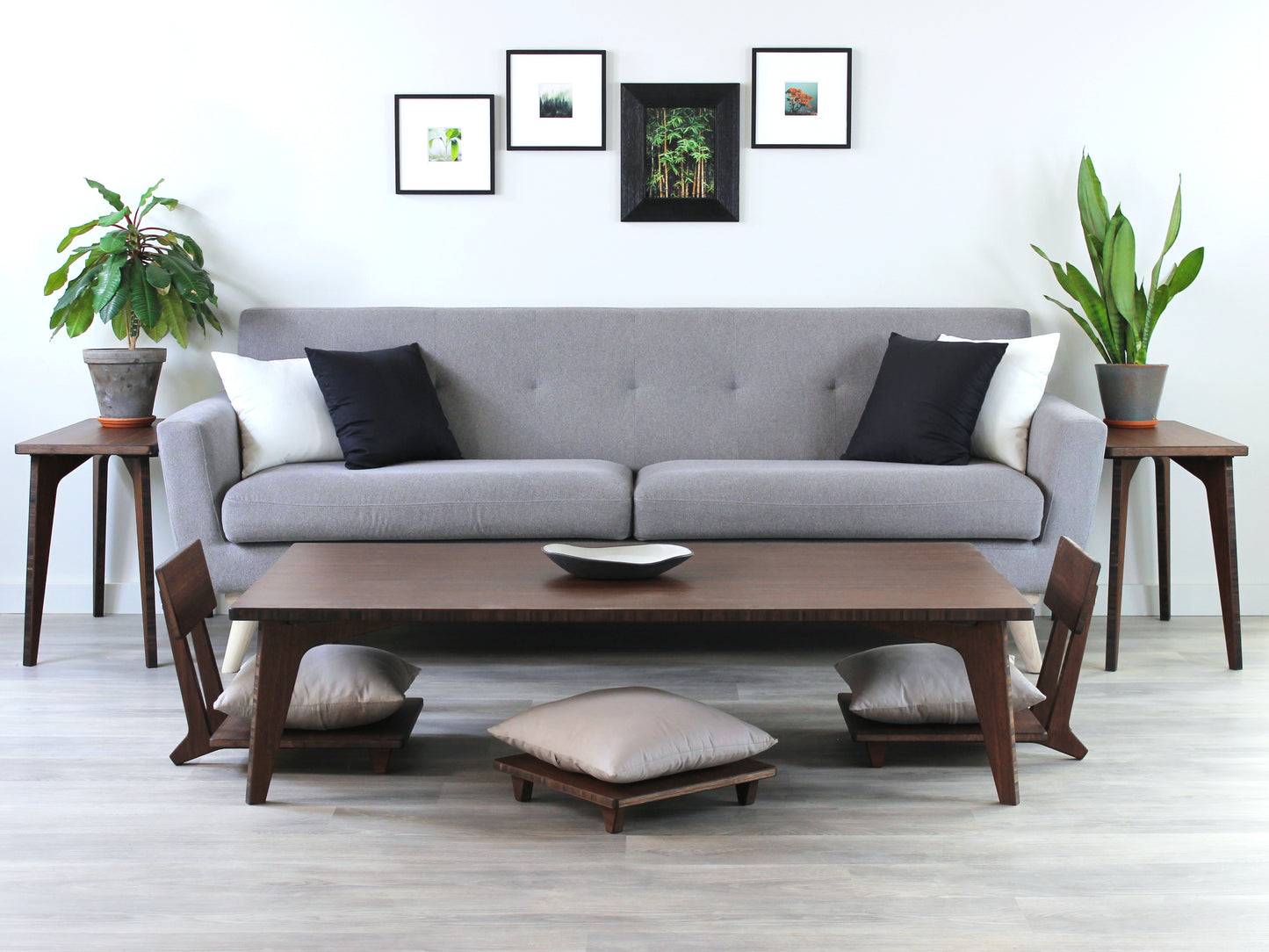 Large Rectangle Table Set - Walnut. Set on a grey floor, against a white background. Two Floor Chair Comfort and one Floor Chair Comfort set underneath. A black pottery vessel on table top.
low table, coffee table, dining table, floor desk, floor chair, floor seating, low dining table, chabudai, tatami, kotatsu, minimalist, minimalist table,
modern, japanese low table, japanese table, kotatsu, large coffee table,
large dining table