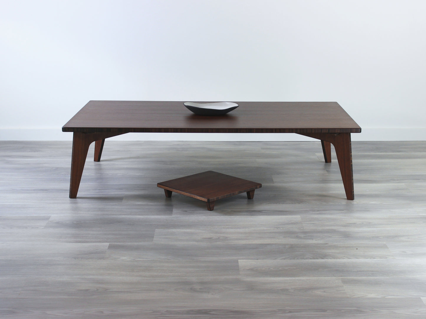 Large Rectangle Table Set - Walnut. Set on a grey floor, against a white background. Floor Chair Posture set underneath. A black pottery vessel on table top.
low table, coffee table, dining table, floor desk, floor chair, floor seating, low dining table, chabudai, tatami, kotatsu, minimalist, minimalist table,
modern, japanese low table, japanese table, kotatsu, large coffee table,
large dining table