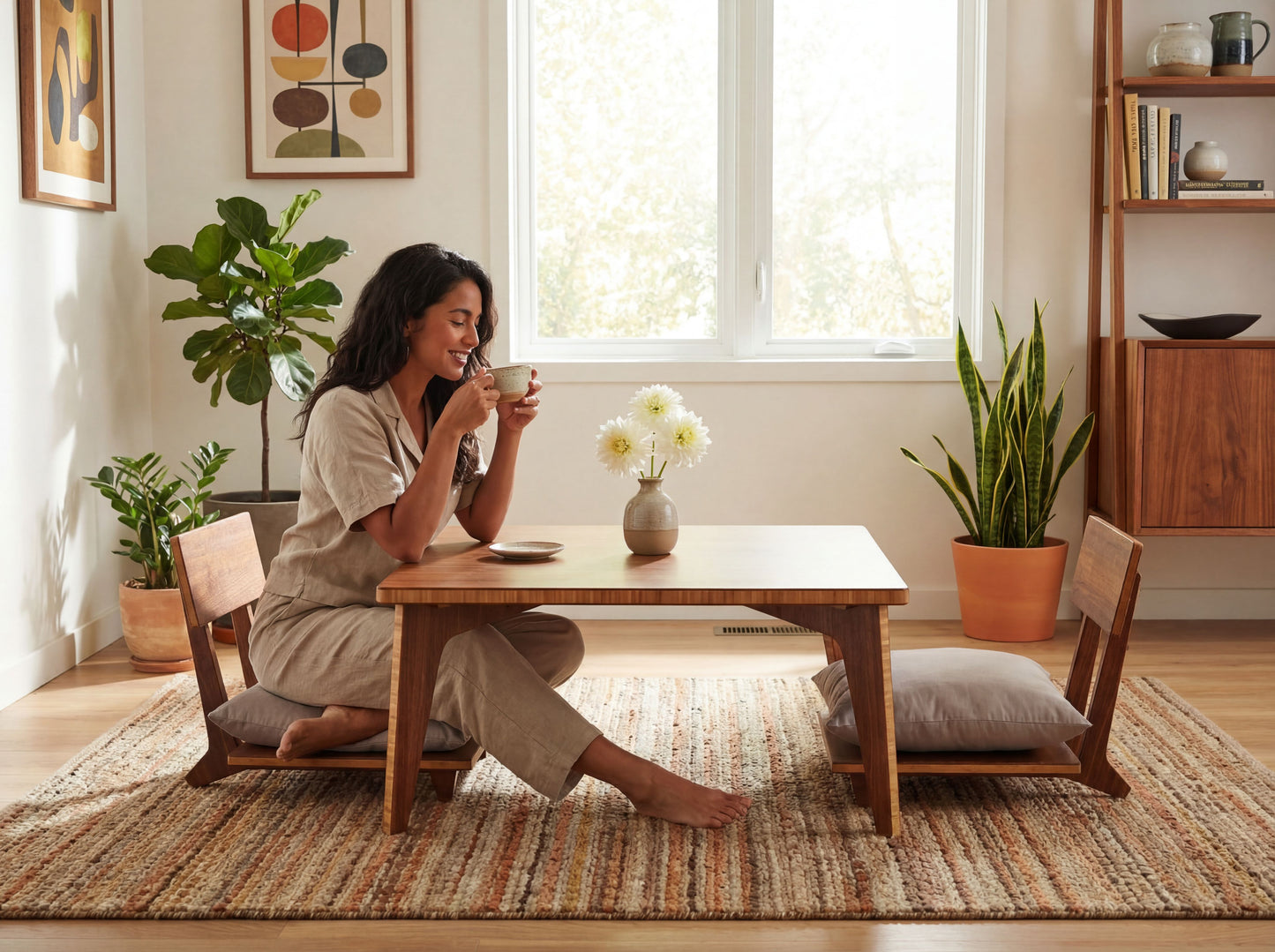 Woman sitting at a bamboo table in a cozy living room with plants and a rug.
sustainable bamboo, renewable bamboo, solid bamboo, eco-friendly furniture, zero-waste, carbon neutral, natural materials, natural-based finish, repairable furniture