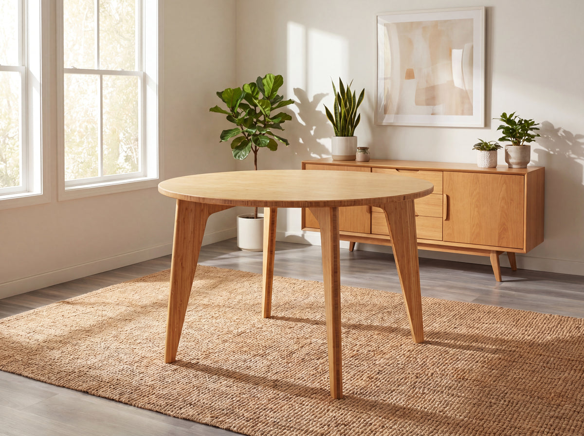 bamboo dining table in a bright room with plants and a cabinet.