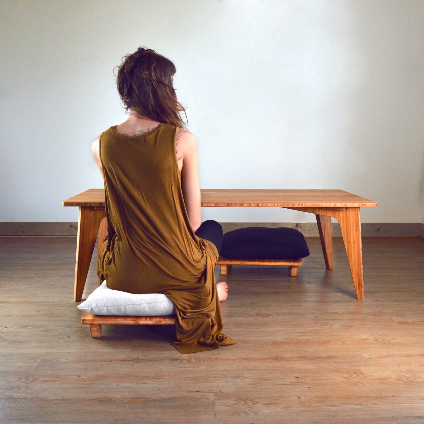 Natural bamboo table with pillow lifts. Japanese, mid-century, Scandinavian and contemporary inspired. Sustainable wood alternative, made from solid grass.