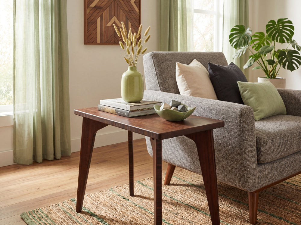 Bamboo side table beside a grey sofa in a modern living room.