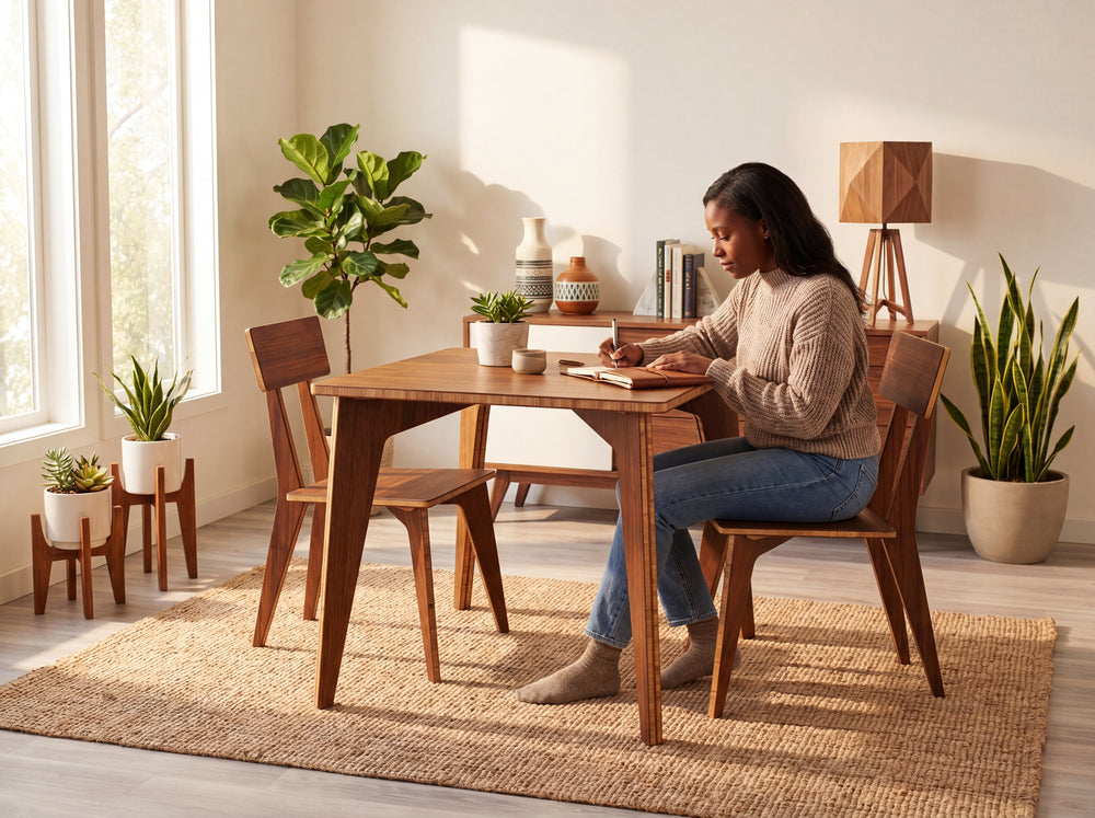 Woman sitting at a bamboo dining table in a bright room with plants and decor.