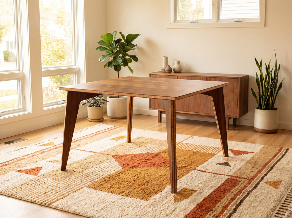 Bamboo dining table in a room with large windows, plants, and a patterned rug.