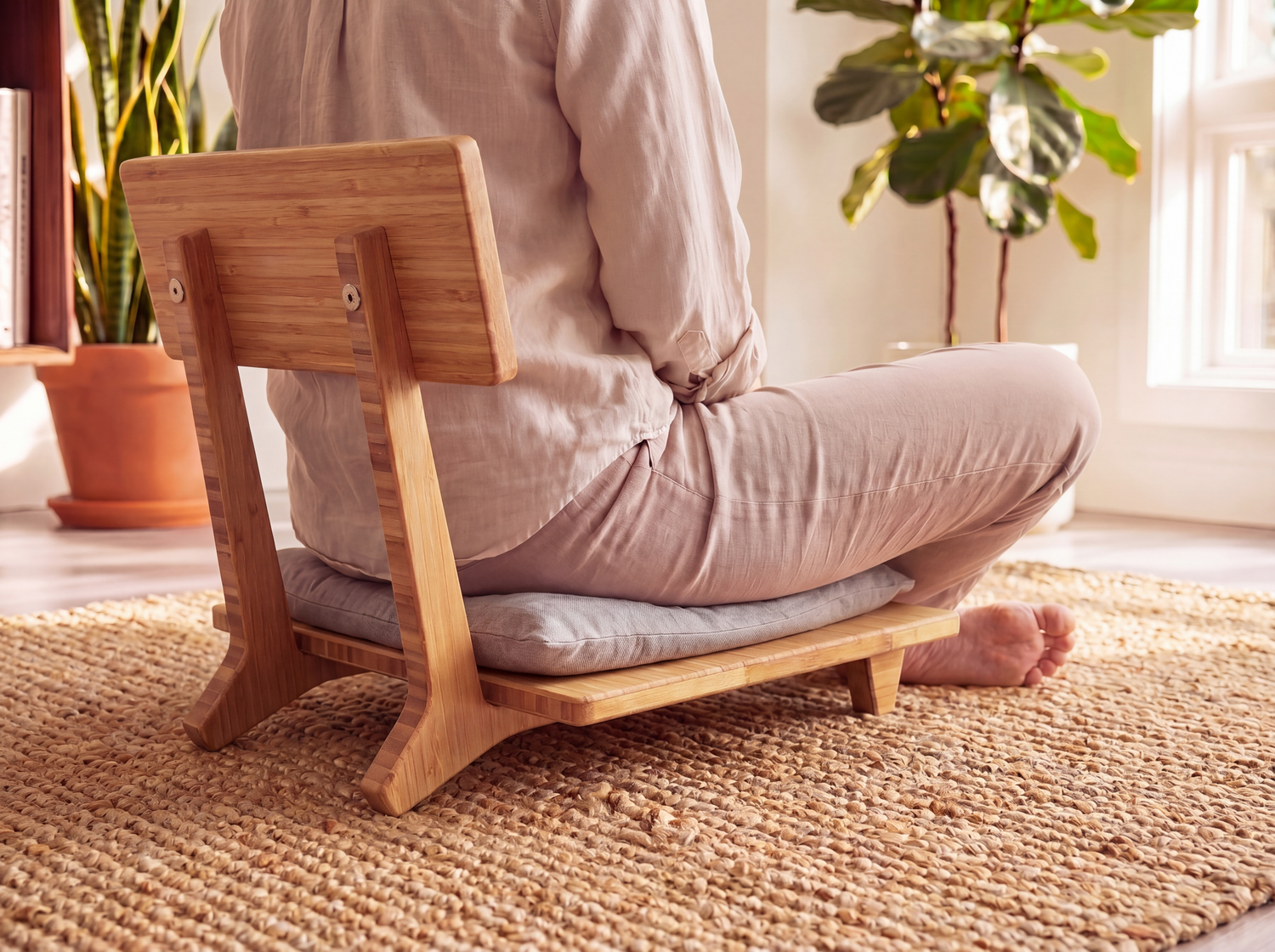 Person sitting on a bamboo chair with a cushion in a bright room with plants.


floor chair
chabudai
contemporary
low seating 
floor chair with back 
ergonomic 

