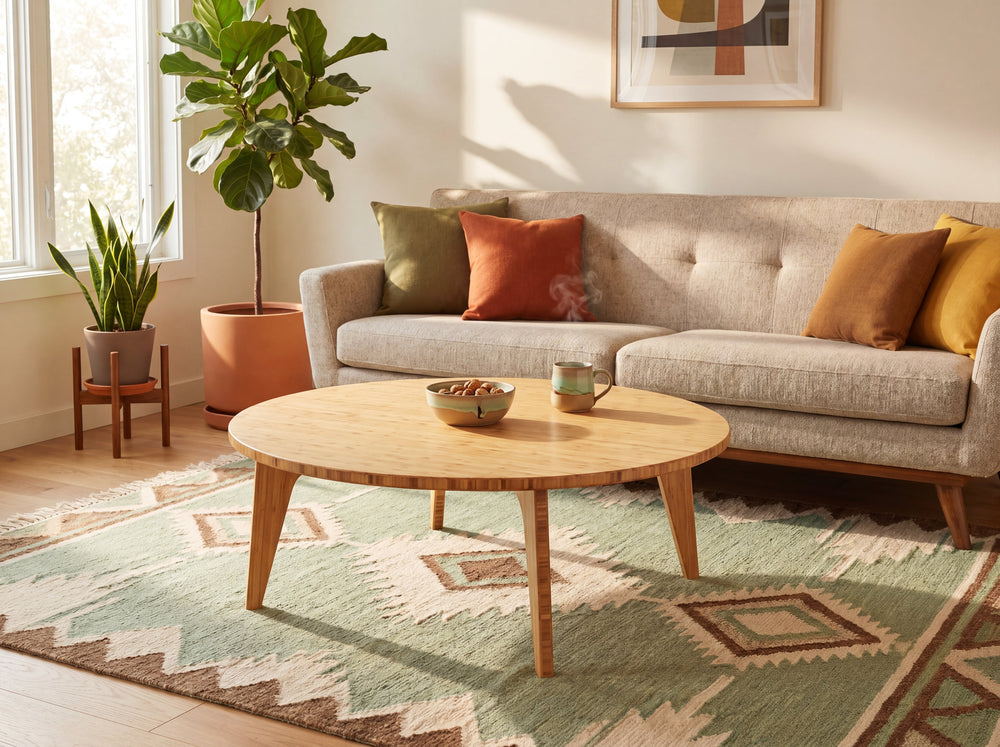 Bamboo low coffee table in a living room with a beige sofa.