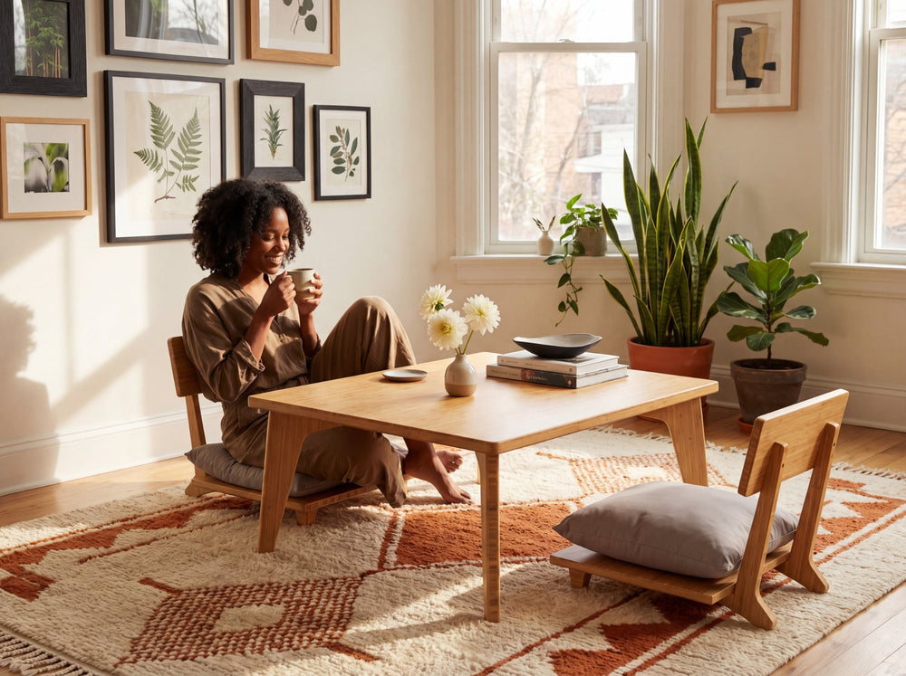 Woman seated at a bamboo low table in a sunlit room with plants and artwork.