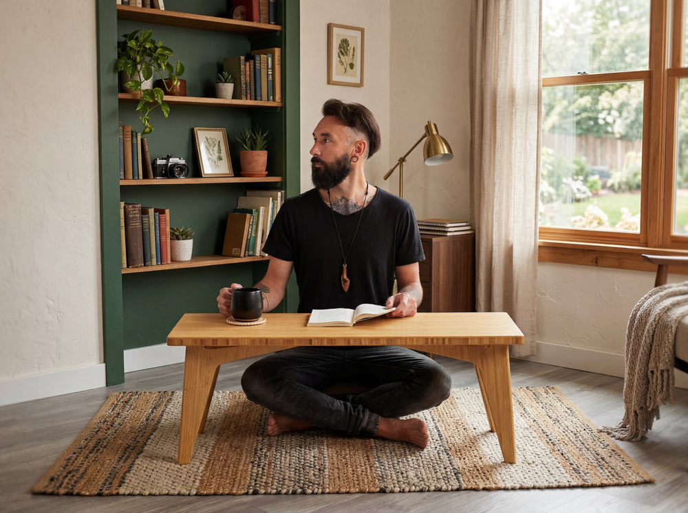 Man sitting on a rug in a cozy room with a bamboo table, book, and mug.