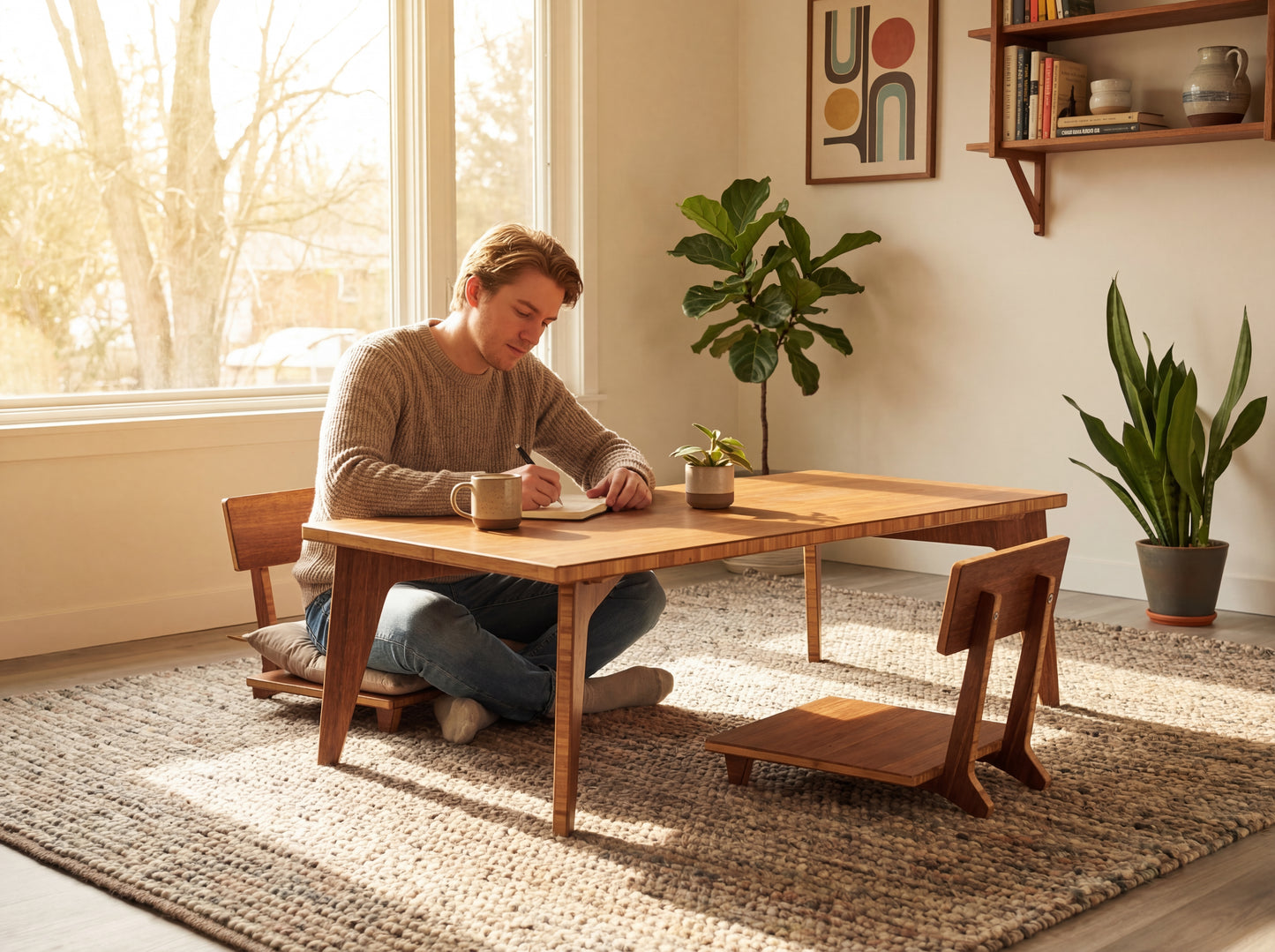 Person sitting at a bamboo table in a bright room with plants and a large window.  Low Chestnut table with low Japanese inspired chairs. 

japanese furniture
japanese low table
low coffee table
low dining table
low table
mid century
minimalist
minimalist table
modern
chabudai