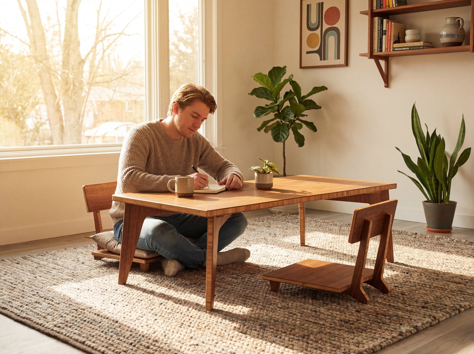 Person sitting at a bamboo table in a bright room with plants and a large window.  Low Chestnut table with low Japanese inspired chairs. 

japanese furniture
japanese low table
low coffee table
low dining table
low table
mid century
minimalist
minimalist table
modern
chabudai