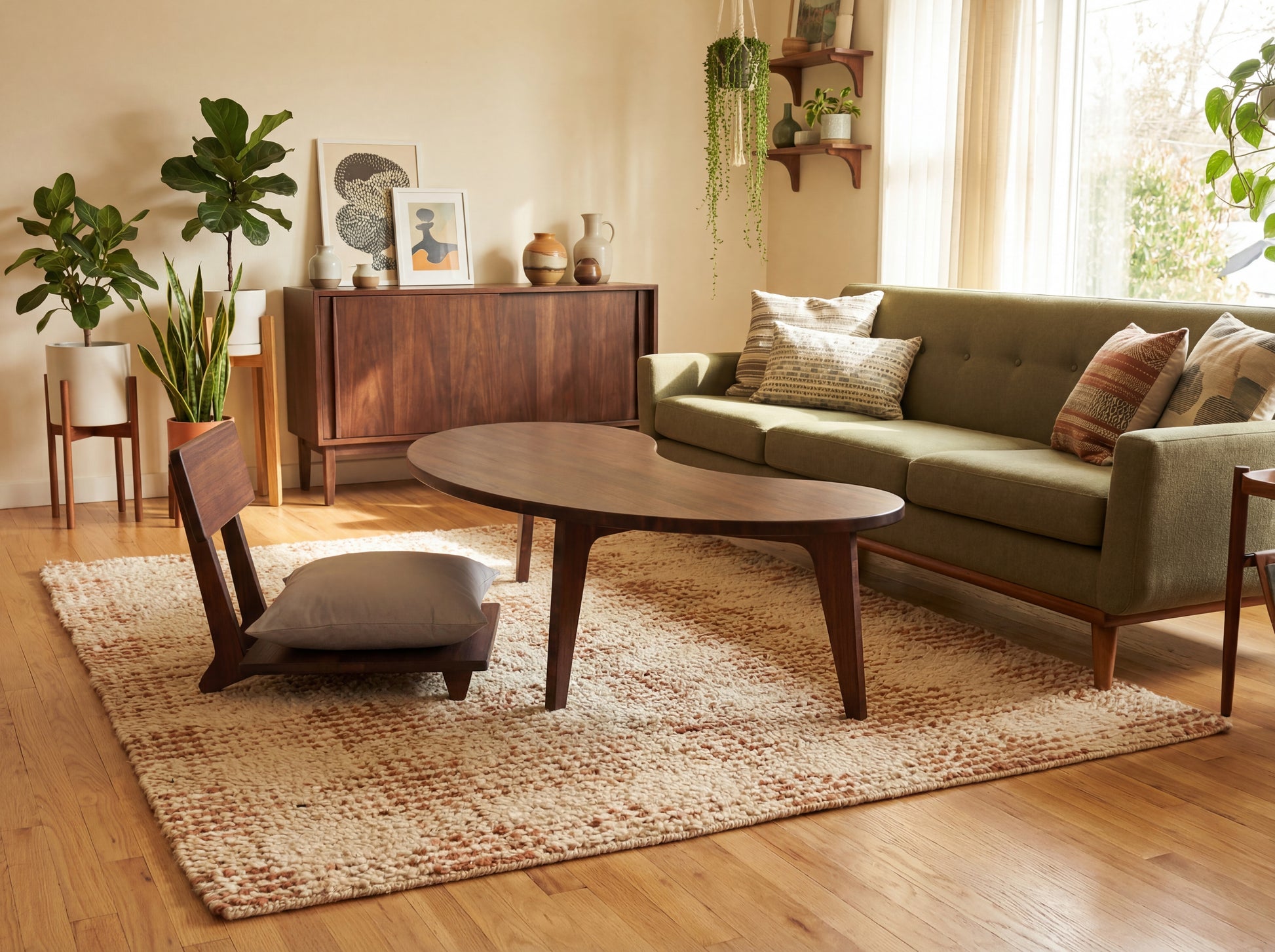 Living room with a green sofa, wooden coffee table, and decorative items.

mid century modern low table
midcentury modern coffee table
floor table
japan coffee table
japan furniture
japan table
kidney coffee table 
bamboo low seating