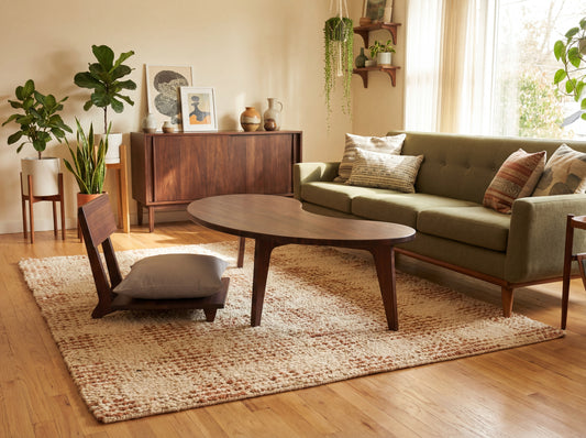 Living room with a green sofa, wooden coffee table, and decorative items.

mid century modern low table
midcentury modern coffee table
floor table
japan coffee table
japan furniture
japan table
kidney coffee table 
bamboo low seating