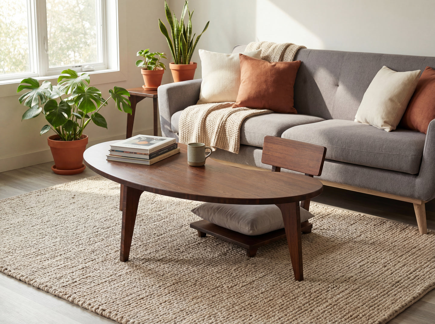 Living room with a gray sofa, wooden coffee table, and potted plants.

mid century modern low table
midcentury modern coffee table
floor table
japan coffee table
japan furniture
japan table
kidney coffee table 
bamboo low seating