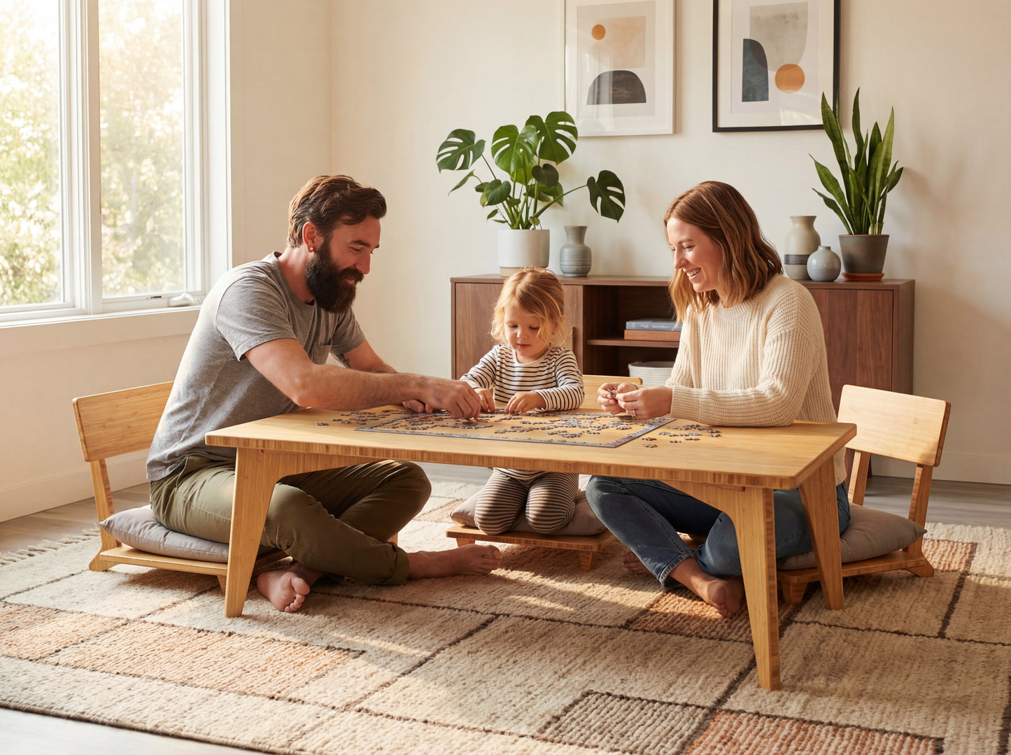 Family playing a board game together in a cozy living room.

Japanese Inspired 
Chabudai
Family Table
