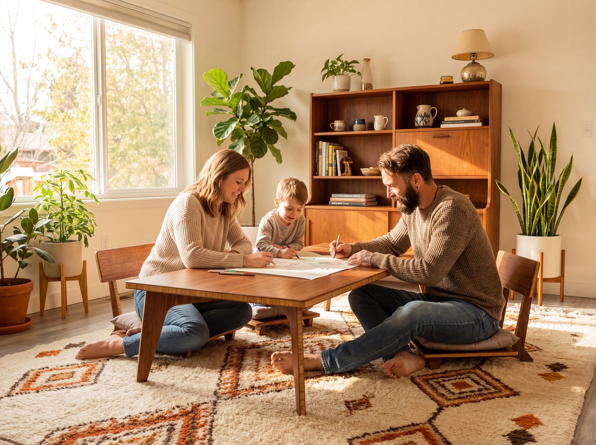 Family sitting around a bamboo table in a cozy living room with plants and a bookshelf.


low table, coffee table, dining table, floor desk, floor chair, floor seating, low dining table, chabudai, tatami, kotatsu, minimalist, minimalist table,
modern, japanese low table, japanese table, kotatsu, large coffee table,
large dining table
