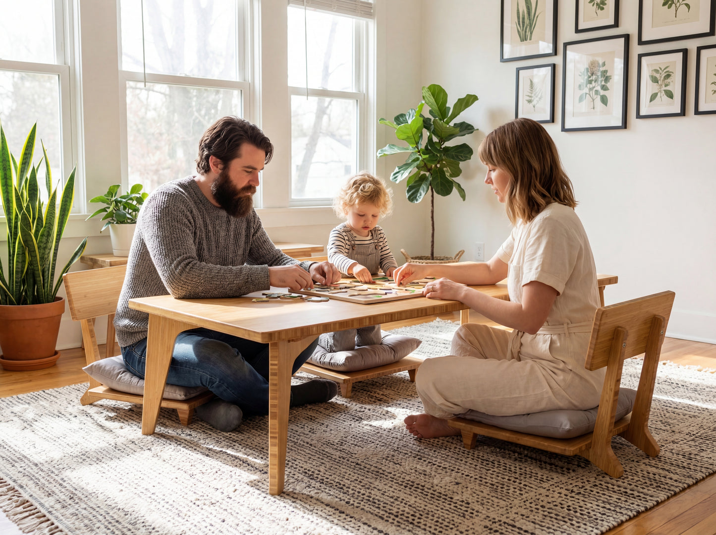 Family playing at a bamboo table in a bright living room with plants and framed pictures.


low table, coffee table, dining table, floor desk, floor chair, floor seating, low dining table, chabudai, tatami, kotatsu, minimalist, minimalist table,
modern, japanese low table, japanese table, kotatsu, large coffee table,
large dining table