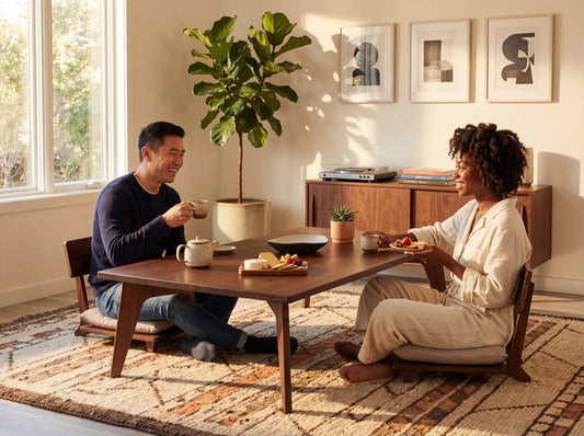 Two people sitting at a bamboo table in a sunlit room with decor elements.


low table, coffee table, dining table, floor desk, floor chair, floor seating, low dining table, chabudai, tatami, kotatsu, minimalist, minimalist table,
modern, japanese low table, japanese table, kotatsu, large coffee table,
large dining table