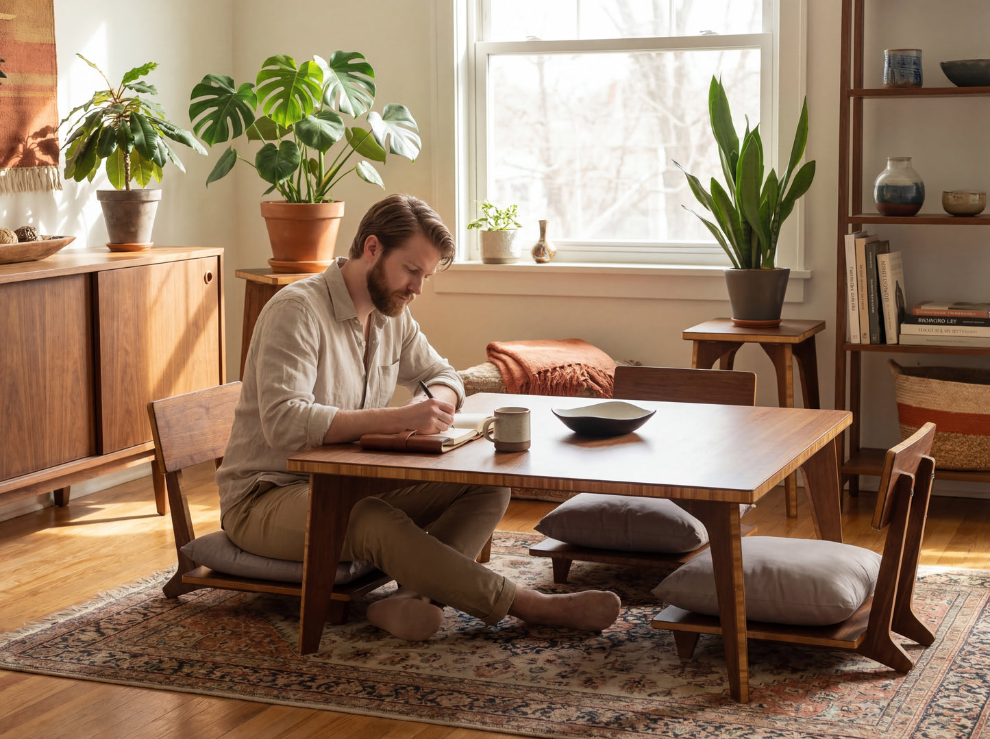 Man sitting at a bamboo table in a cozy living room with plants and books.


low table, coffee table, dining table, floor desk, floor chair, floor seating, low dining table, chabudai, tatami, kotatsu, minimalist, minimalist table,
modern, japanese low table, japanese table, kotatsu, large coffee table,
large dining table