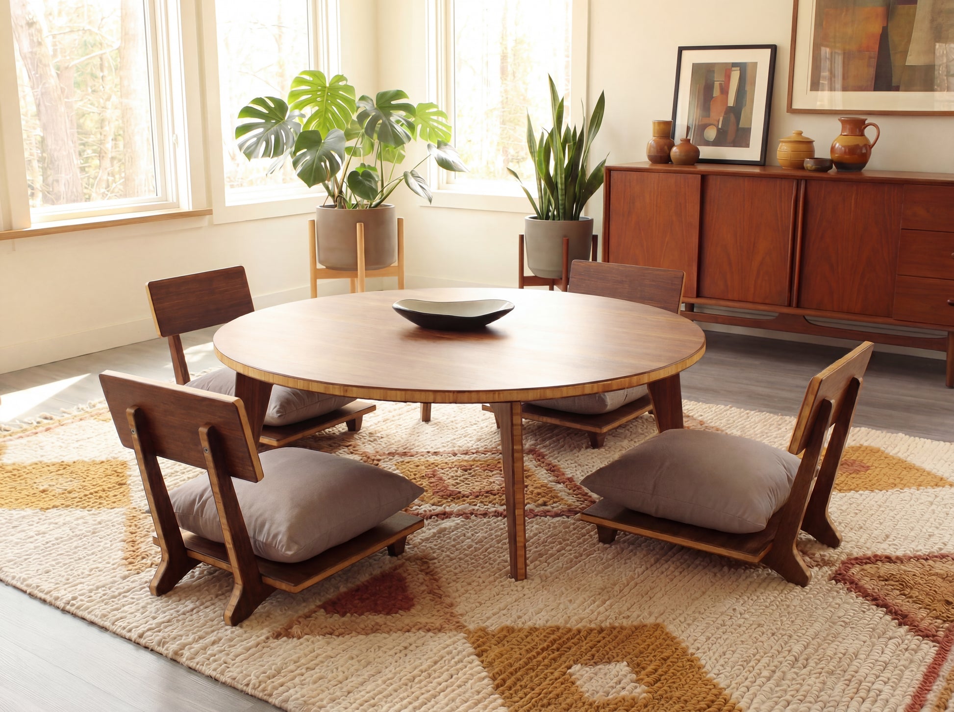 Dining room with bamboo table and chairs on a patterned rug, plants, and a sideboard.

Japandi, minimalist, mid-century, Japanese inspired, modern, contemporary, clean lines, organic design, sustainable bamboo, renewable bamboo, solid bamboo, eco-friendly furniture, natural materials, natural-based finish
