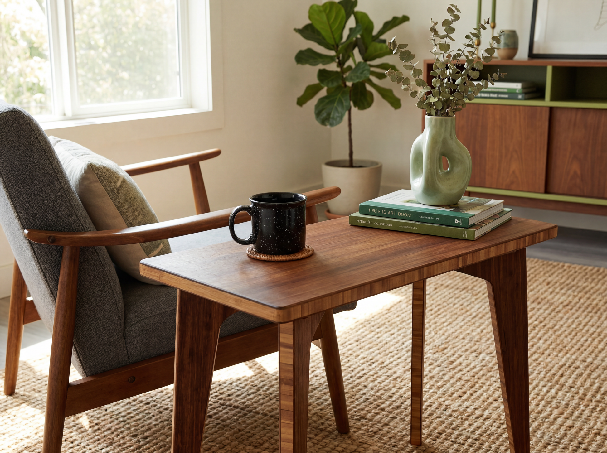 Bamboo coffee table with a mug, books, and vase in a living room setting.

mid century
minimalist
side table
bamboo