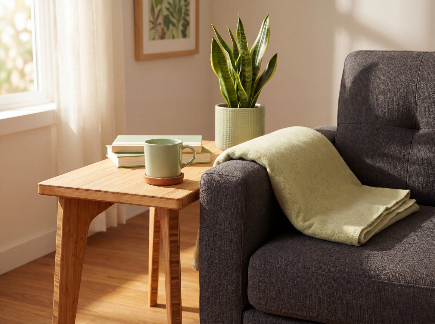 Living room with a gray sofa, bamboo coffee table, and a plant.

mid century
minimalist
side table
bamboo
