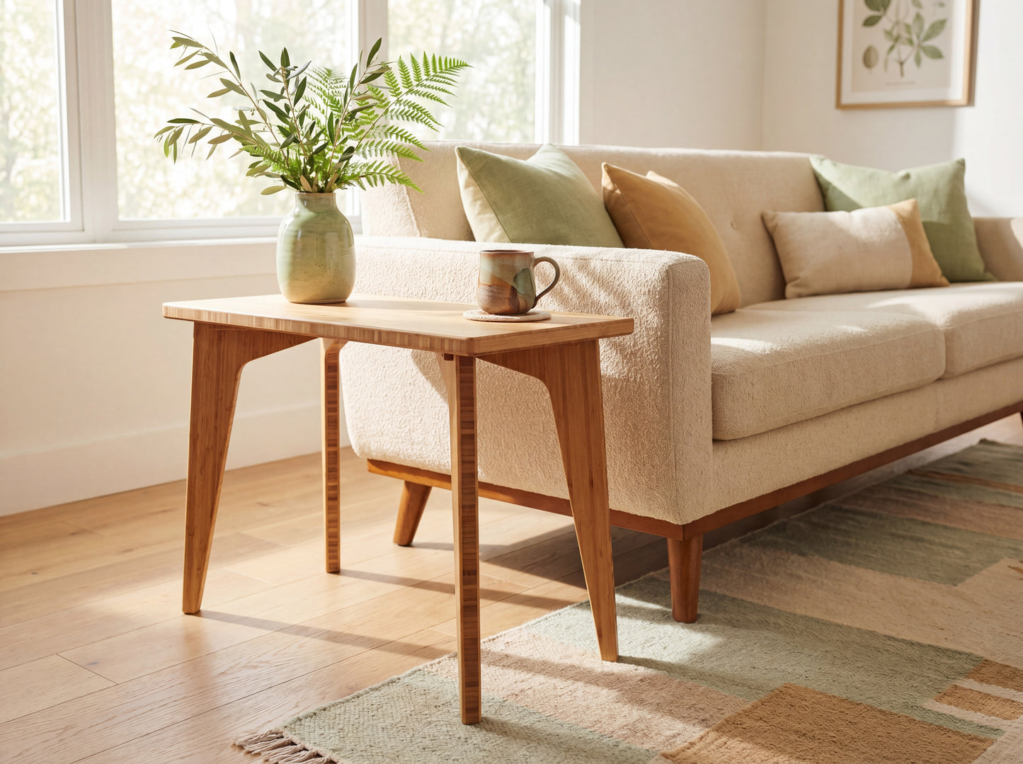 Living room with a beige sofa, bamboo coffee table, and decorative elements.