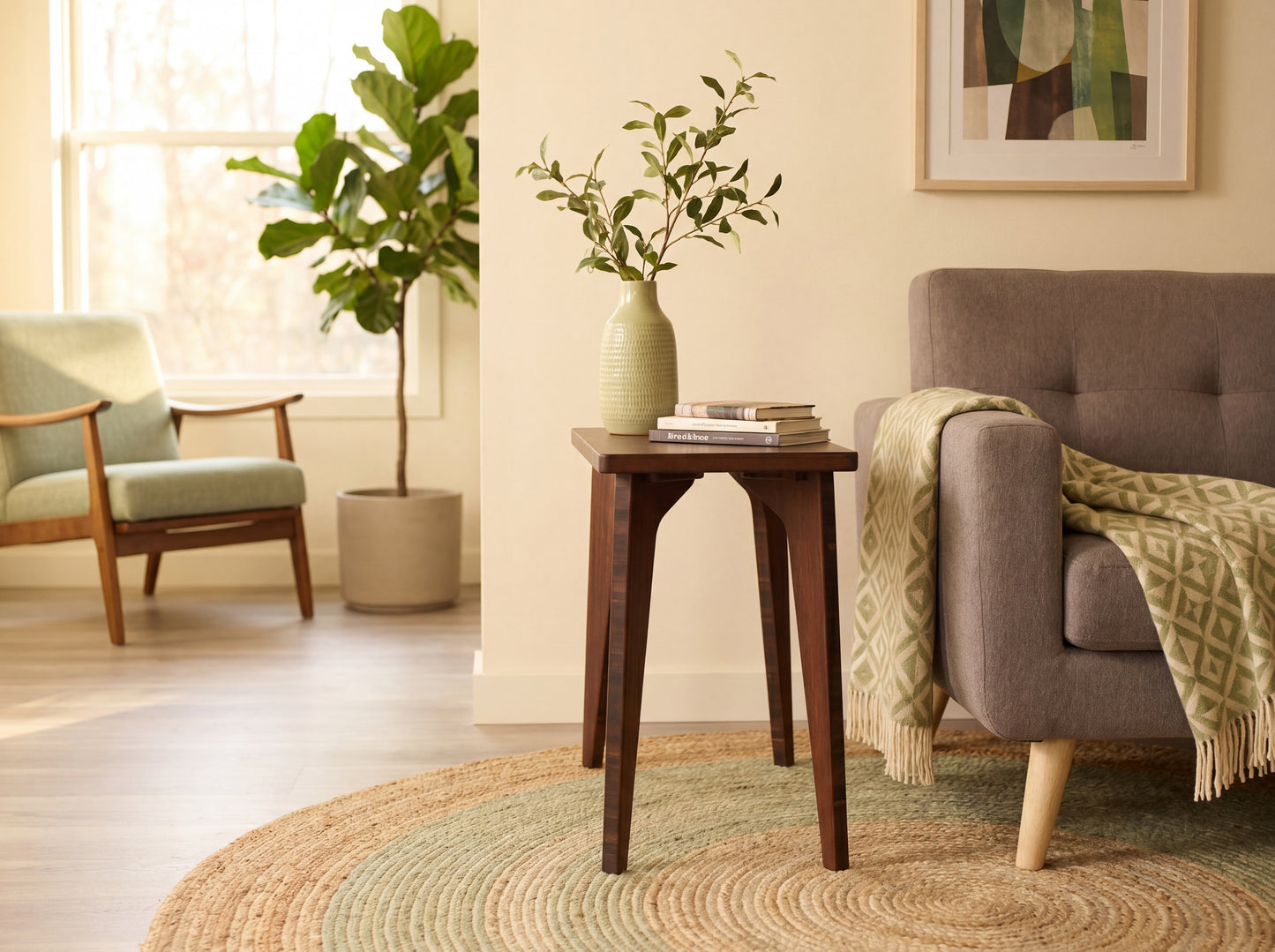 Living room with a brown armchair, bamboo side table, and green plants.

mid century
minimalist
side table
bamboo
