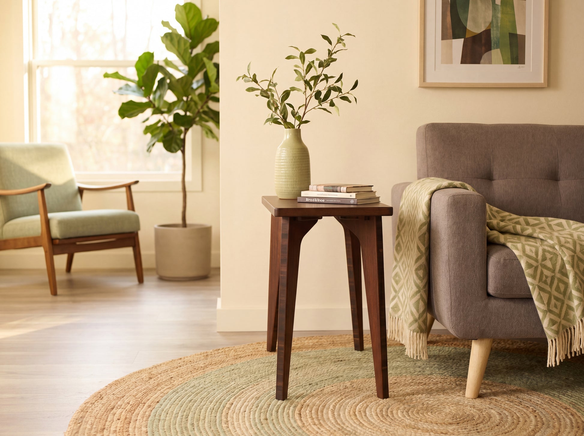 Living room with a brown armchair, bamboo side table, and green plants.

mid century
minimalist
side table
bamboo