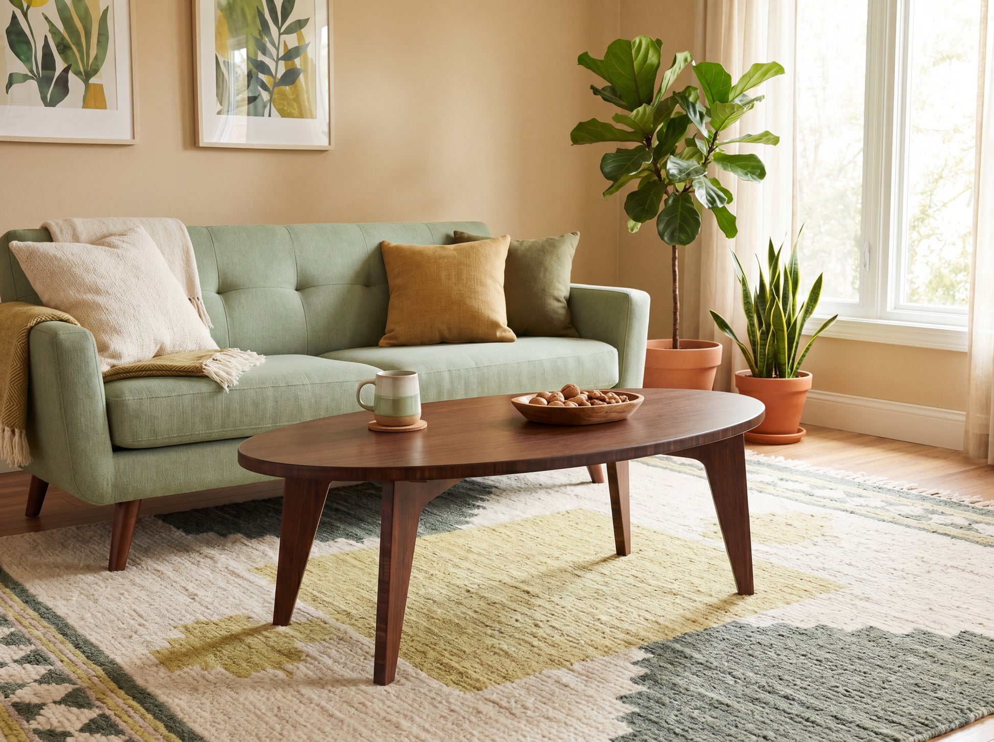 Living room with a green sofa, bamboo coffee table, and decorative plants.

mid century modern low table
midcentury modern coffee table
floor table
japan coffee table
japan furniture
japan table
bamboo low table