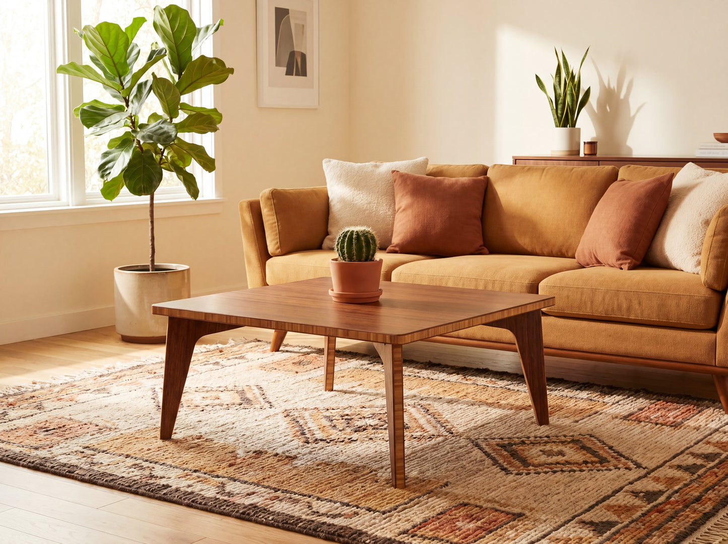 Living room with a brown sofa, bamboo coffee table, and decorative plants.

japanese furniture
japanese low table
low coffee table
low dining table
low table
mid century
minimalist
minimalist table
modern