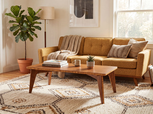Chestnut Coffee Table in a midecentury style setting with books and a plant on top. the couch has pillows on it.