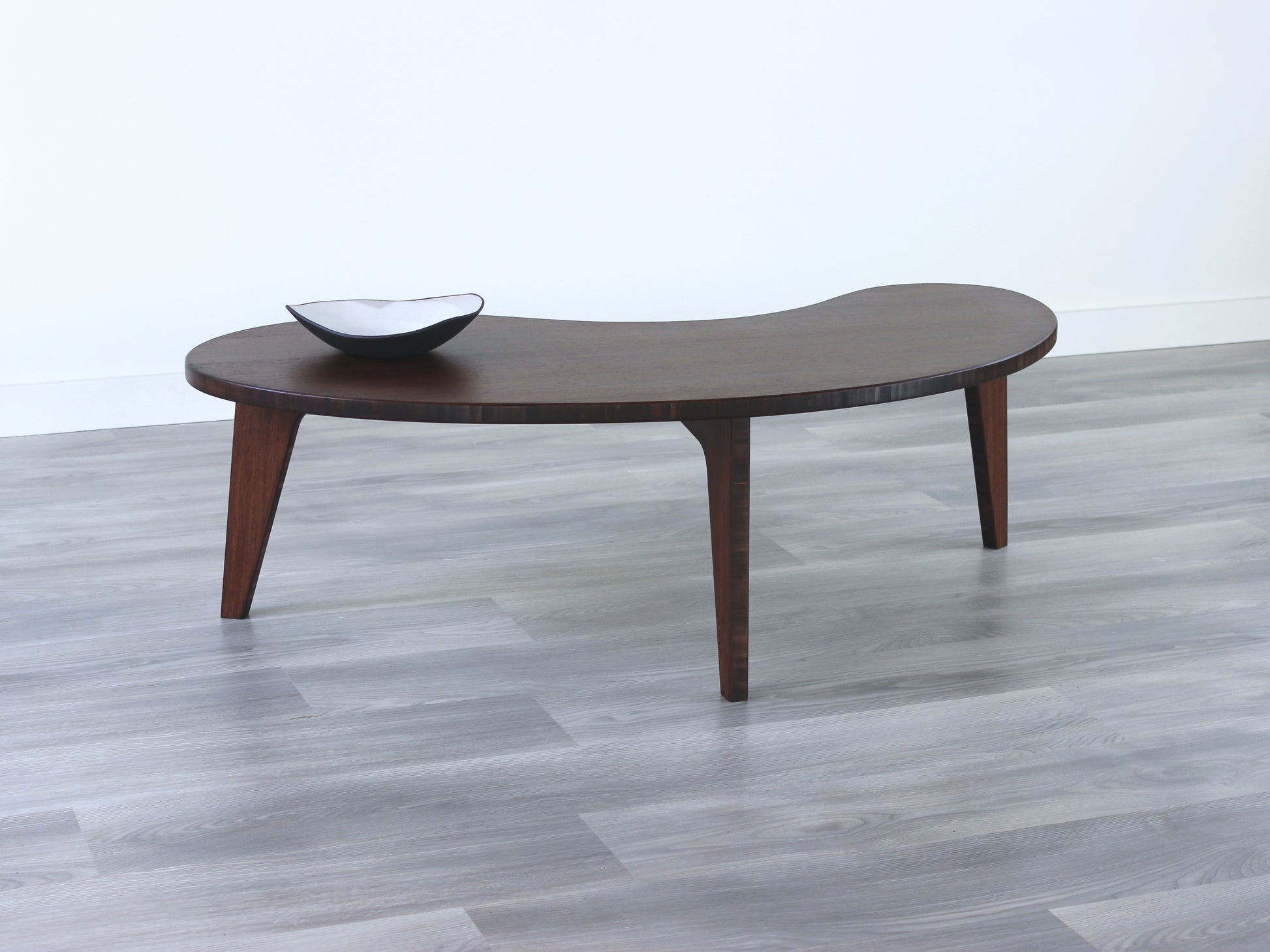 Walnut, kidney shaped table, three legs, low desk, low coffee table, low dining table, low table, mid century, minimalist, minimalist table, modern
