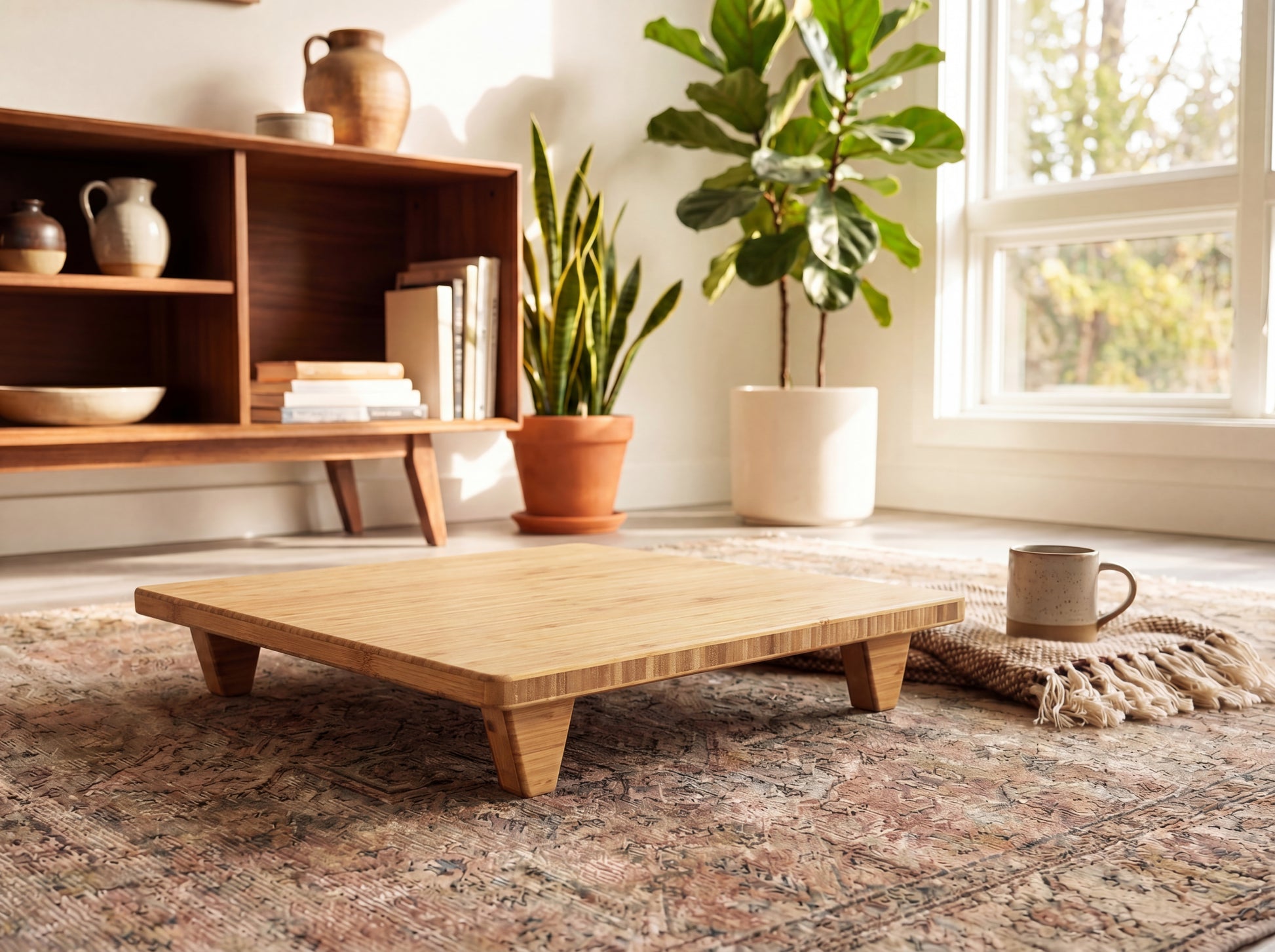 Bamboo low chair/stool in a living room with plants and a rug

Meditation Chair 
Japanese Tea Table 
Kotatsu
low chair
posture support 
ergonomic 
minimilist 