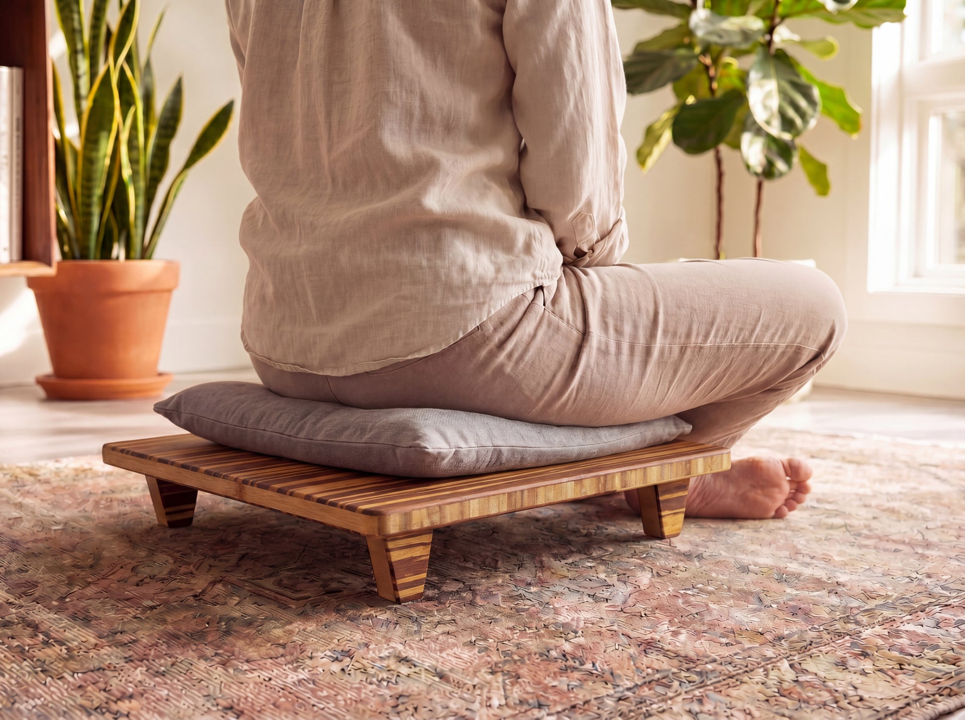Person sitting on a bamboo meditation platform with cushions in a home setting.

Meditation Chair 
Japanese Tea Table 
Kotatsu
low chair
posture support 
ergonomic 
minimilist 