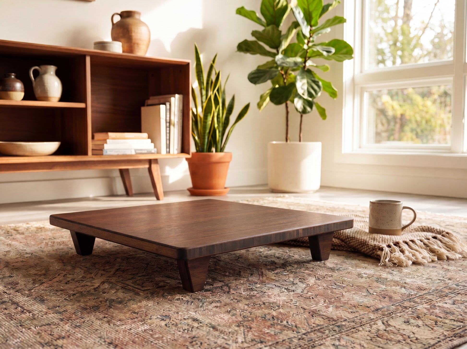 Bamboo coffee table in a room with a shelf, plants, and a rug.