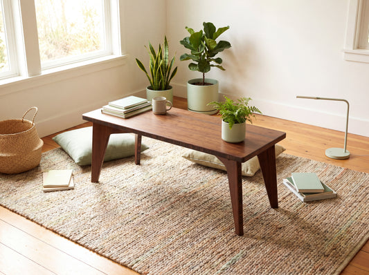 Living room with a bamboo coffee table, plants, and books on a rug.

sustainable bamboo, renewable bamboo, solid bamboo, eco-friendly furniture, zero-waste, carbon neutral, natural materials, natural-based finish, repairable furniture, japanese inspired, chabudai, mid-century, low desk, low work.
