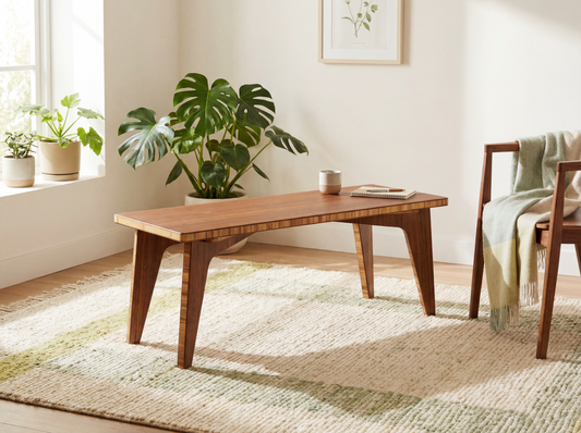 Bamboo floor desk in a bright living room with plants and a rug.

sustainable bamboo, renewable bamboo, solid bamboo, eco-friendly furniture, zero-waste, carbon neutral, natural materials, natural-based finish, repairable furniture, japanese inspired, chabudai, mid-century, low desk, low work.