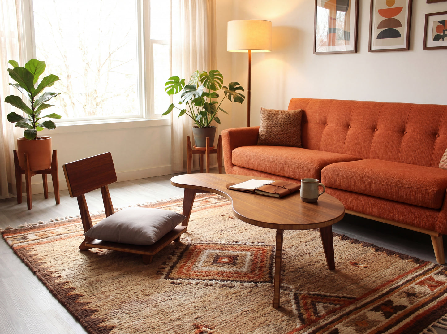 Living room with orange sofa, bamboo coffee table, and decorative elements.

sustainable bamboo, renewable bamboo, solid bamboo, eco-friendly furniture, zero-waste, carbon neutral, natural materials, natural-based finish, repairable furniture, japanese inspired.