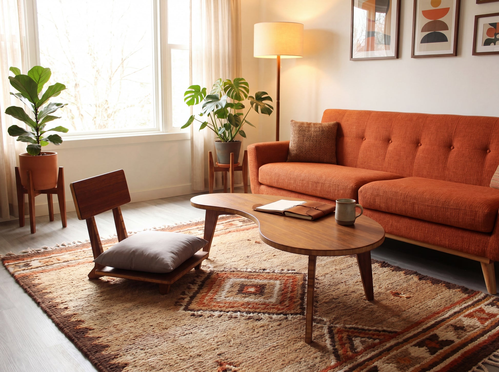 Living room with orange sofa, bamboo coffee table, and decorative elements.

sustainable bamboo, renewable bamboo, solid bamboo, eco-friendly furniture, zero-waste, carbon neutral, natural materials, natural-based finish, repairable furniture, japanese inspired.