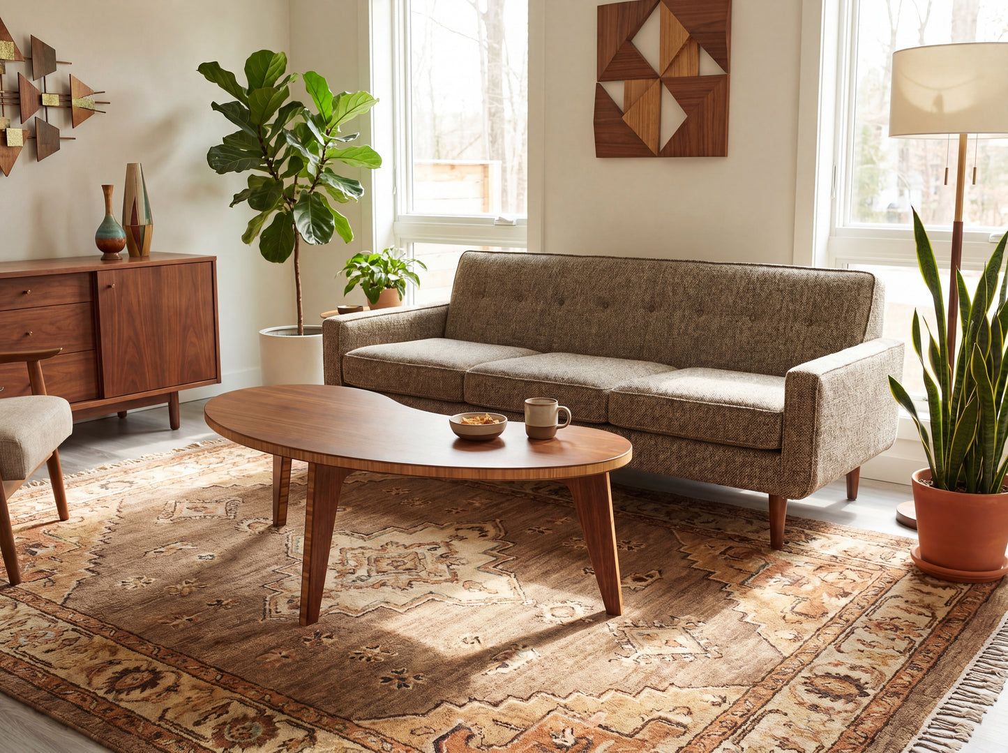 Living room with a brown sofa, bamboo coffee table, and decorative elements.


mid century modern low table
midcentury modern coffee table
floor table
japan coffee table
japan furniture
japan table
kidney coffee table 
bamboo low table