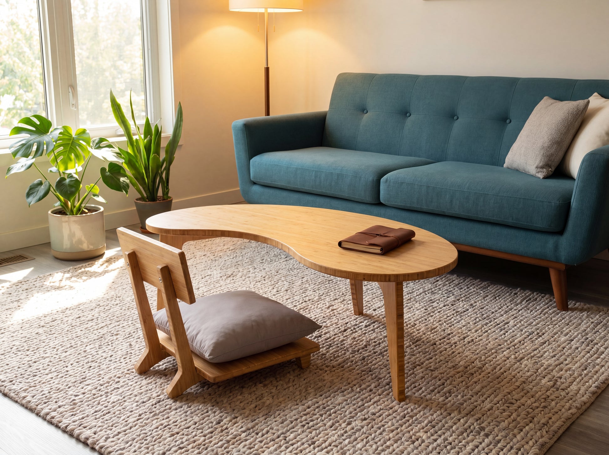 Modern living room with a blue sofa, bamboo coffee table, and decorative plants.

sustainable bamboo, renewable bamboo, solid bamboo, eco-friendly furniture, zero-waste, carbon neutral, natural materials, natural-based finish, repairable furniture