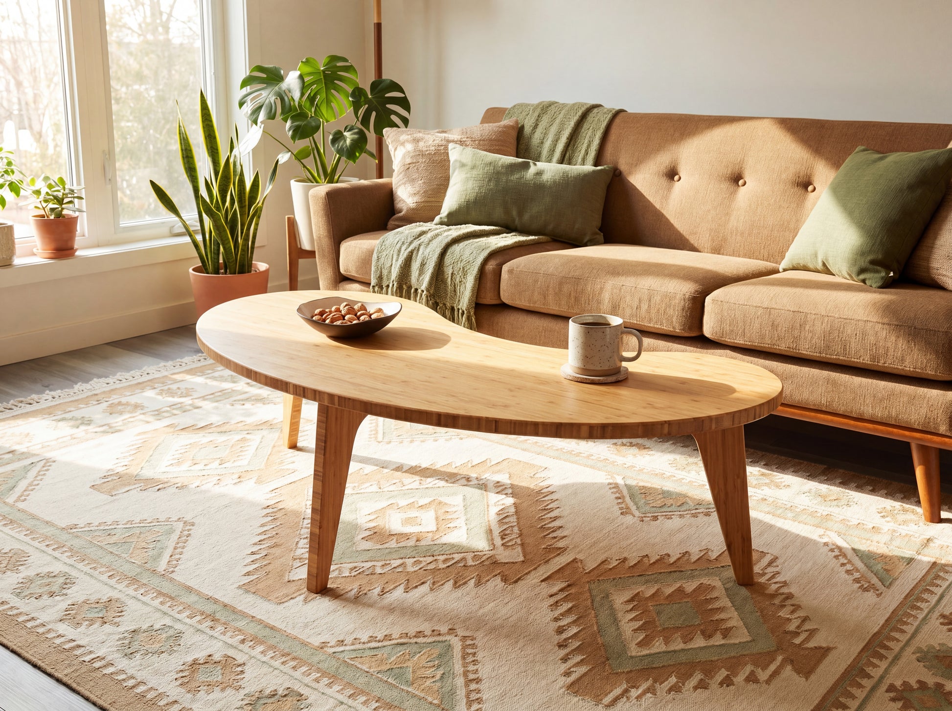Living room with a beige sofa, bamboo coffee table, and decorative elements.

mid century modern low table
midcentury modern coffee table
floor table
japan coffee table
japan furniture
japan table
kidney coffee table 
bamboo low table