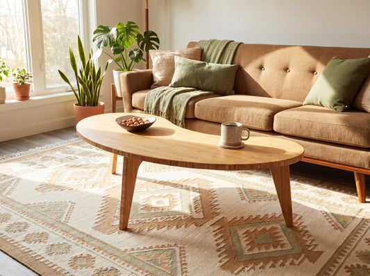 Living room with a beige sofa, bamboo coffee table, and decorative elements.

mid century modern low table
midcentury modern coffee table
floor table
japan coffee table
japan furniture
japan table
kidney coffee table 
bamboo low table