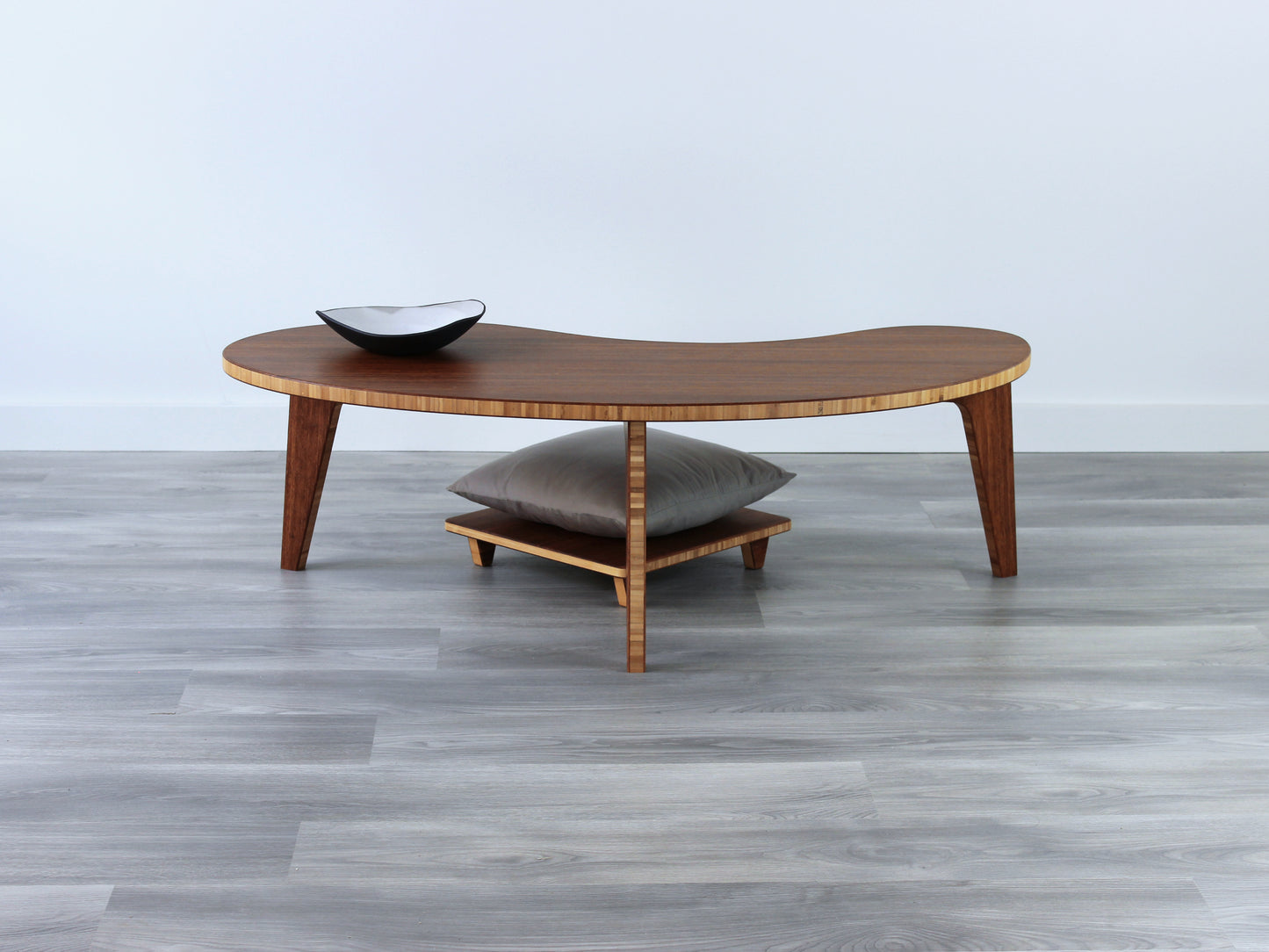 custom made kidney shaped bamboo chestnut floor table with floor chair made in Canada