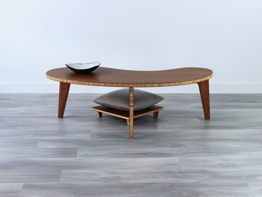 custom made kidney shaped bamboo chestnut floor table with floor chair made in Canada