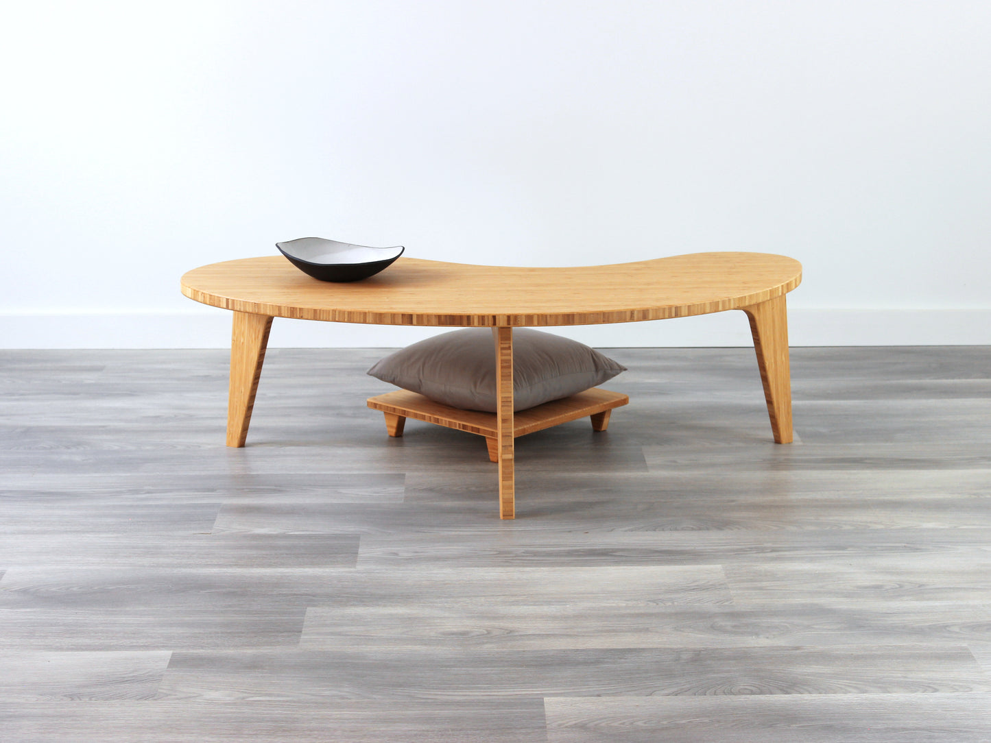 custom made kidney shaped bamboo natural floor table with floor chair made in Canada