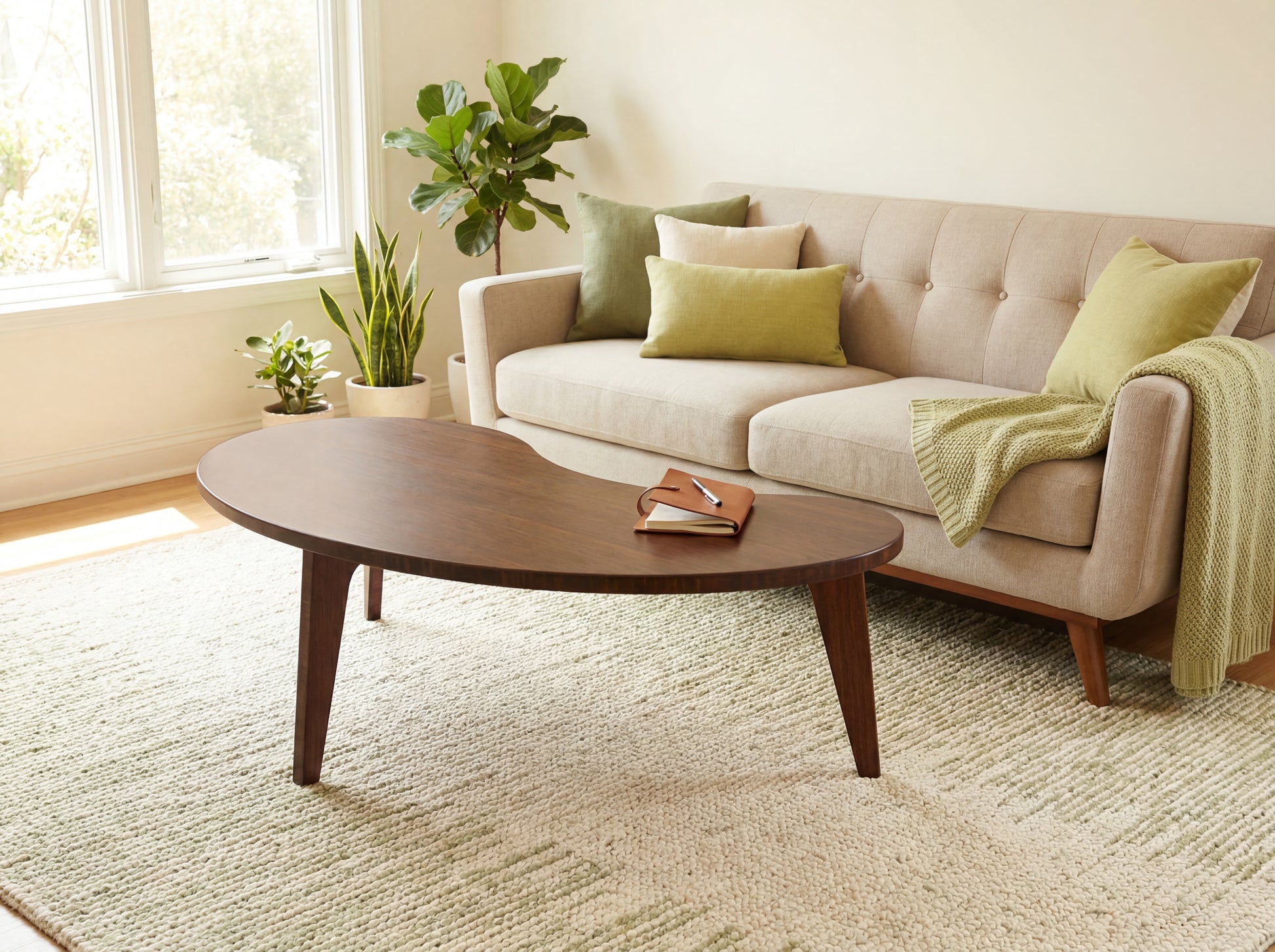 Living room with a beige sofa, bamboo coffee table, and decorative plants.


mid century modern low table
midcentury modern coffee table
floor table
japan coffee table
japan furniture
japan table
kidney coffee table 
bamboo low table
